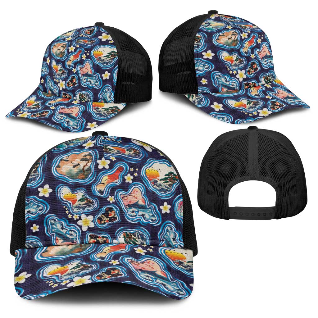 Hawaii Islands Map Design with Japanese Landscape Baseball Net Cap Hawaiian Japan Fusion Art Navy Color LT03 - Polynesian Pride