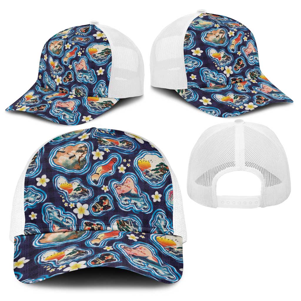 Hawaii Islands Map Design with Japanese Landscape Baseball Net Cap Hawaiian Japan Fusion Art Navy Color LT03 - Polynesian Pride