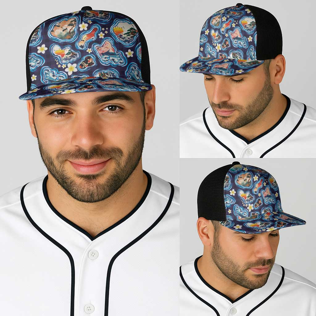 Hawaii Islands Map Design with Japanese Landscape Baseball Net Cap Hawaiian Japan Fusion Art Navy Color LT03 - Polynesian Pride
