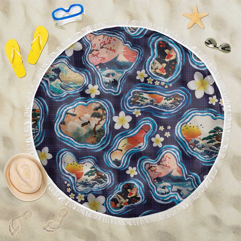 Hawaii Islands Map Design with Japanese Landscape Beach Blanket Hawaiian Japan Fusion Art Navy Color