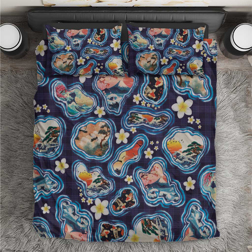 Hawaii Islands Map Design with Japanese Landscape Bedding Set Hawaiian Japan Fusion Art Navy Color