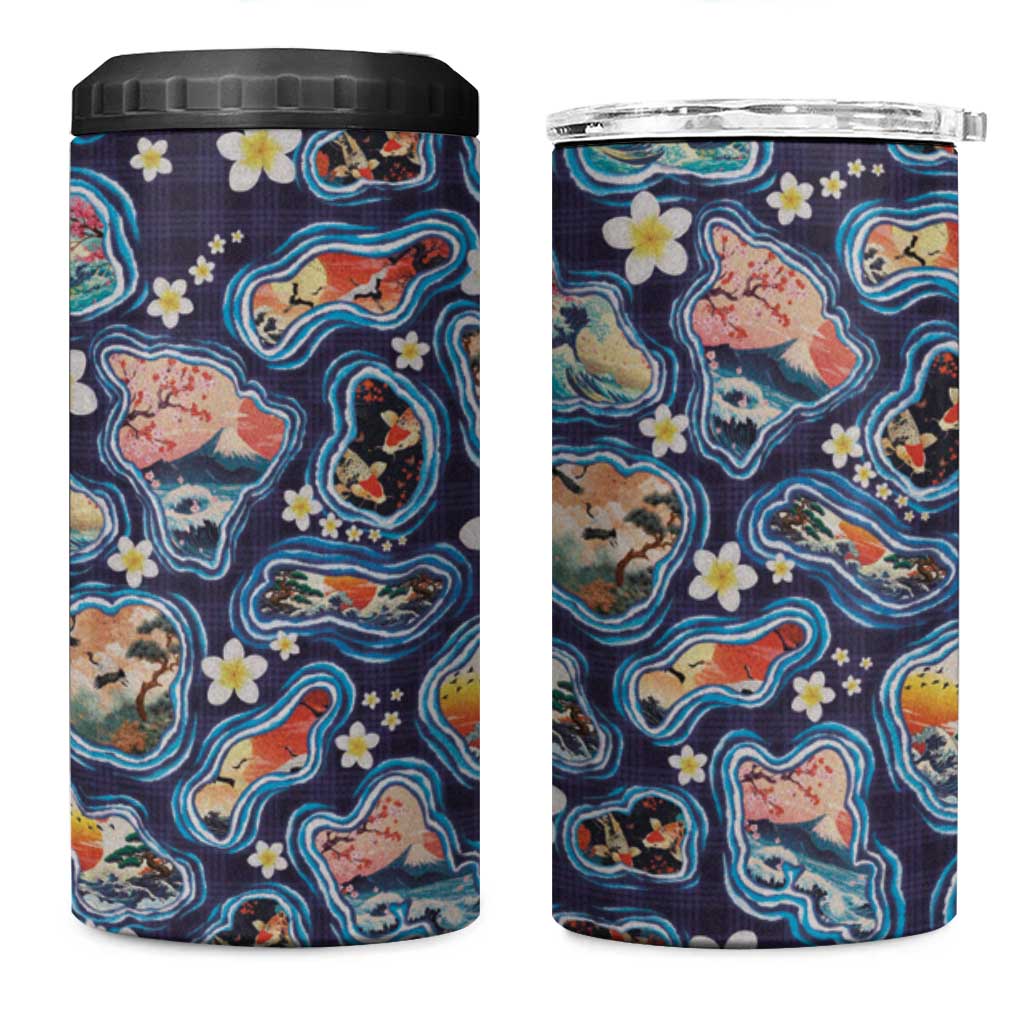 Hawaii Islands Map Design with Japanese Landscape 4 in 1 Can Cooler Tumbler Hawaiian Japan Fusion Art Navy Color