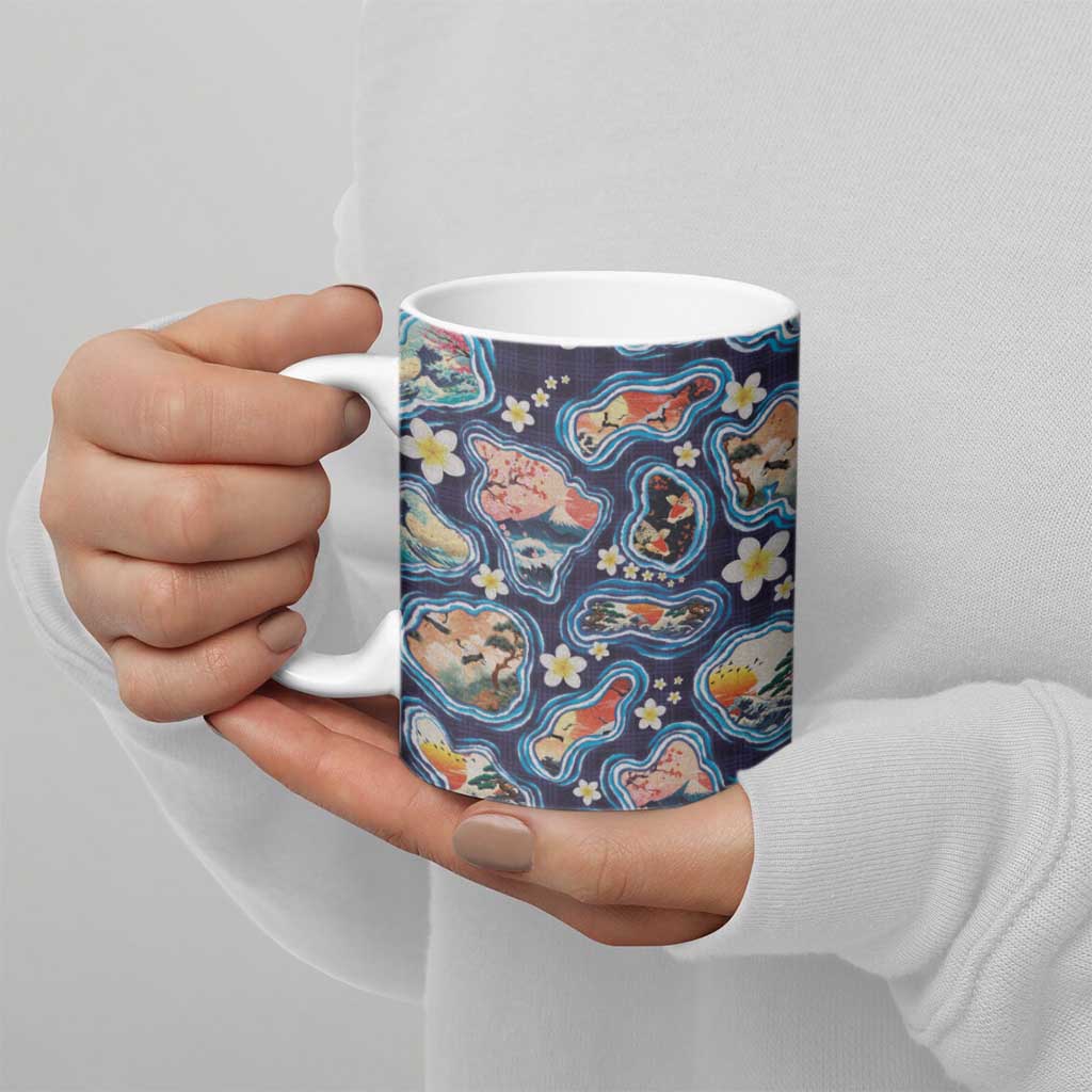 Hawaii Islands Map Design with Japanese Landscape Ceramic Mug Hawaiian Japan Fusion Art Navy Color LT03 - Polynesian Pride