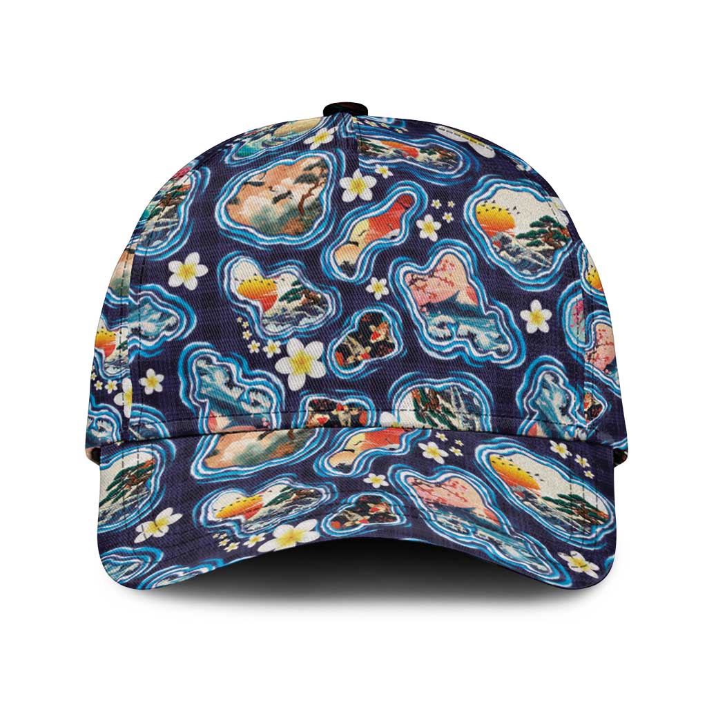 Hawaii Islands Map Design with Japanese Landscape Classic Cap Hawaiian Japan Fusion Art Navy Color