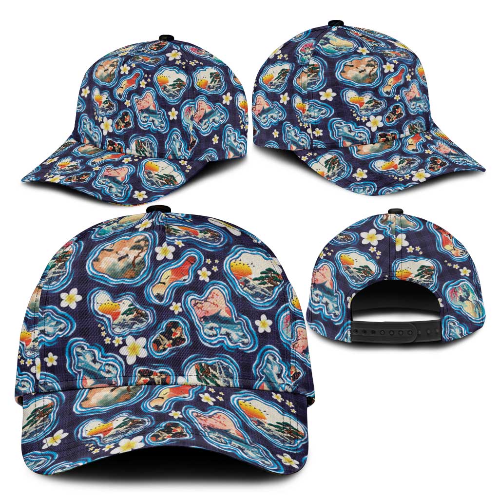 Hawaii Islands Map Design with Japanese Landscape Classic Cap Hawaiian Japan Fusion Art Navy Color