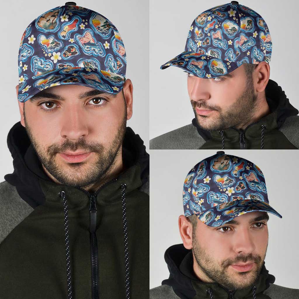 Hawaii Islands Map Design with Japanese Landscape Classic Cap Hawaiian Japan Fusion Art Navy Color