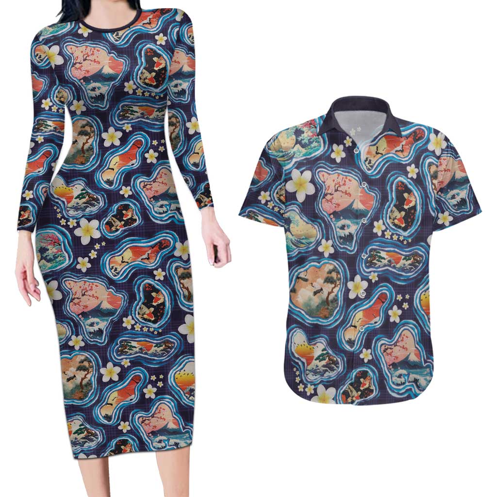 Hawaii Islands Map Design with Japanese Landscape Couples Matching Long Sleeve Bodycon Dress and Hawaiian Shirt Hawaiian Japan Fusion Art Navy Color
