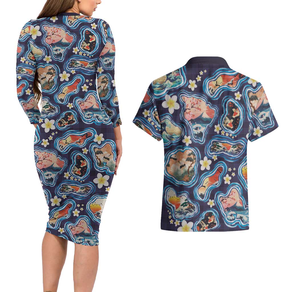 Hawaii Islands Map Design with Japanese Landscape Couples Matching Long Sleeve Bodycon Dress and Hawaiian Shirt Hawaiian Japan Fusion Art Navy Color