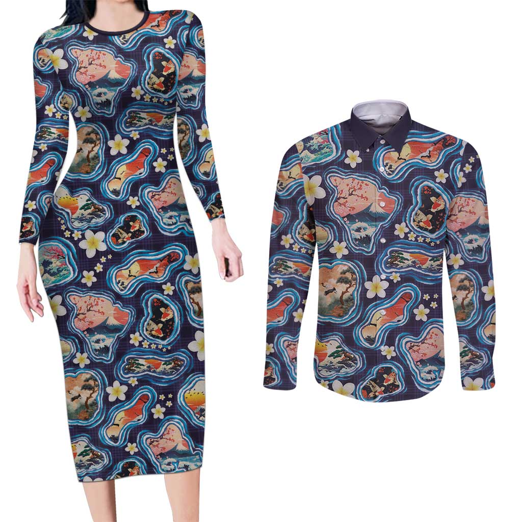 Hawaii Islands Map Design with Japanese Landscape Couples Matching Long Sleeve Bodycon Dress and Long Sleeve Button Shirt Hawaiian Japan Fusion Art Navy Color