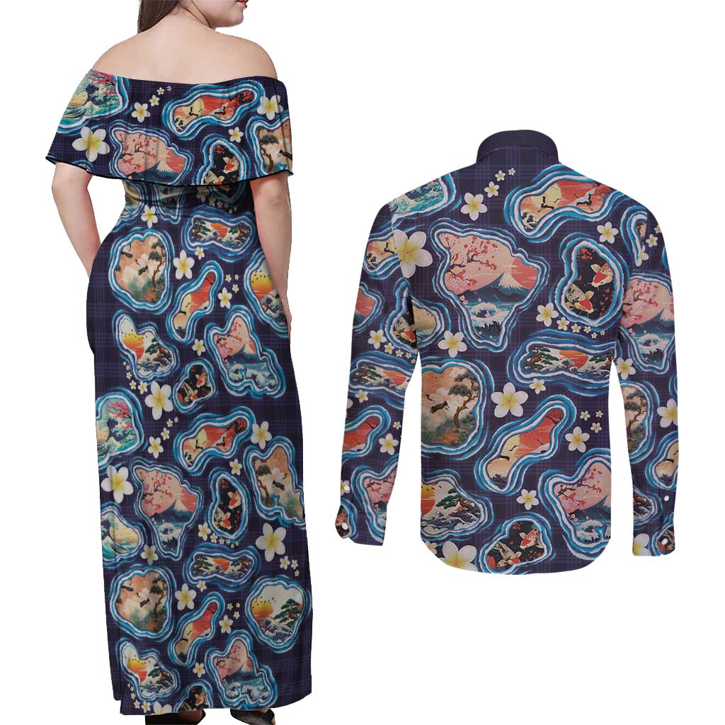Hawaii Islands Map Design with Japanese Landscape Couples Matching Off Shoulder Maxi Dress and Long Sleeve Button Shirt Hawaiian Japan Fusion Art Navy Color