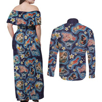 Hawaii Islands Map Design with Japanese Landscape Couples Matching Off Shoulder Maxi Dress and Long Sleeve Button Shirt Hawaiian Japan Fusion Art Navy Color