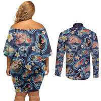 Hawaii Islands Map Design with Japanese Landscape Couples Matching Off Shoulder Short Dress and Long Sleeve Button Shirt Hawaiian Japan Fusion Art Navy Color
