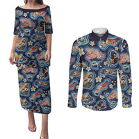 Hawaii Islands Map Design with Japanese Landscape Couples Matching Puletasi and Long Sleeve Button Shirt Hawaiian Japan Fusion Art Navy Color