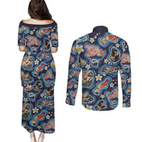 Hawaii Islands Map Design with Japanese Landscape Couples Matching Puletasi and Long Sleeve Button Shirt Hawaiian Japan Fusion Art Navy Color