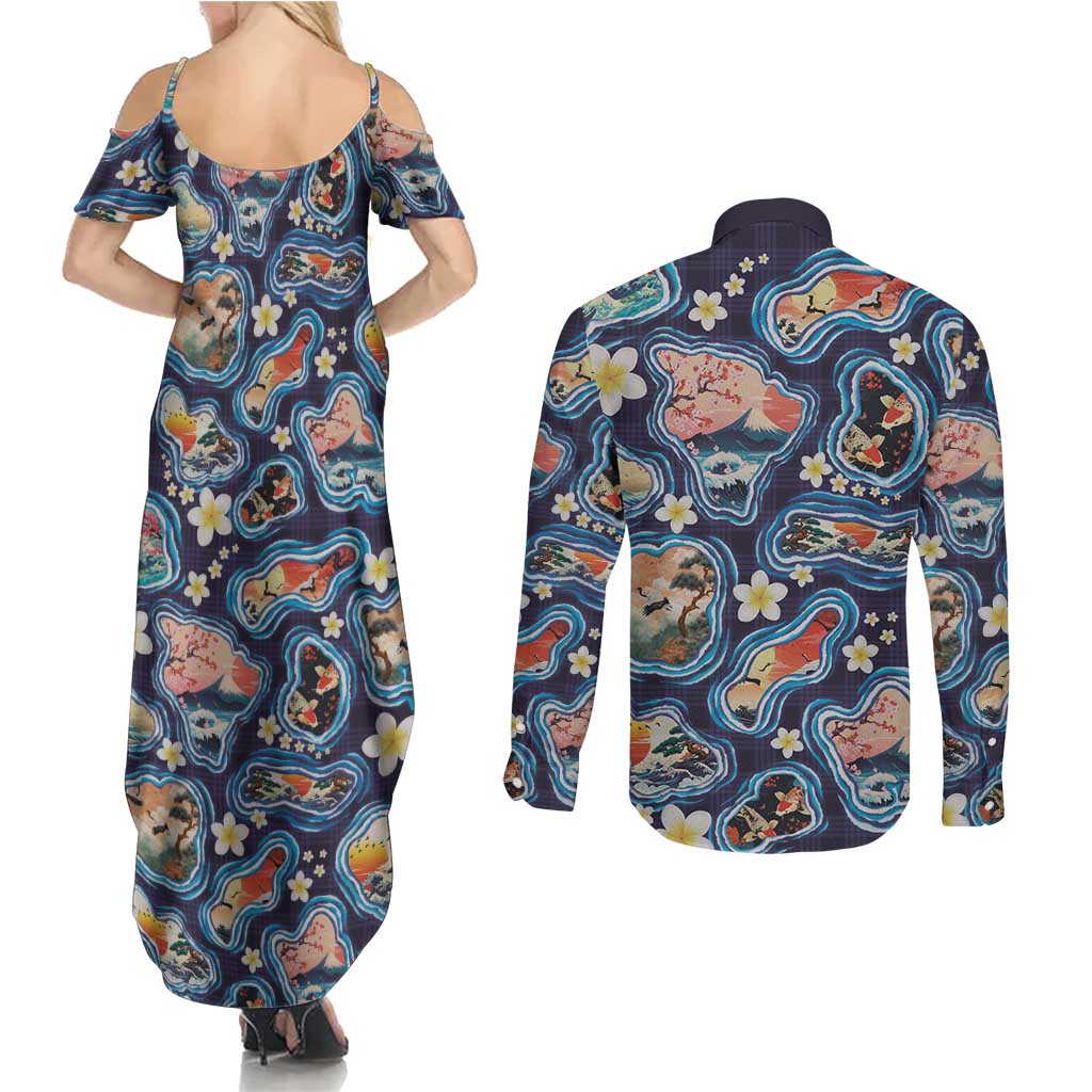 Hawaii Islands Map Design with Japanese Landscape Couples Matching Summer Maxi Dress and Long Sleeve Button Shirt Hawaiian Japan Fusion Art Navy Color