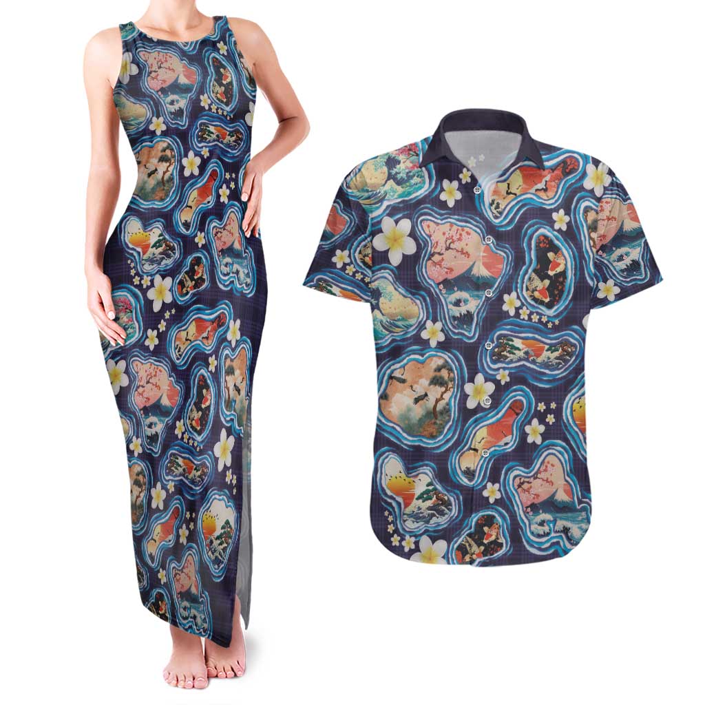 Hawaii Islands Map Design with Japanese Landscape Couples Matching Tank Maxi Dress and Hawaiian Shirt Hawaiian Japan Fusion Art Navy Color