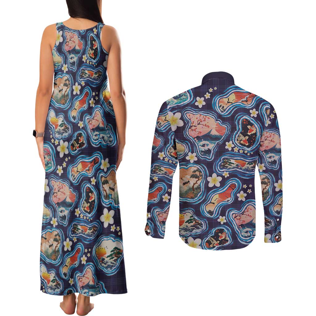 Hawaii Islands Map Design with Japanese Landscape Couples Matching Tank Maxi Dress and Long Sleeve Button Shirt Hawaiian Japan Fusion Art Navy Color