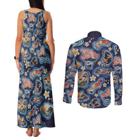 Hawaii Islands Map Design with Japanese Landscape Couples Matching Tank Maxi Dress and Long Sleeve Button Shirt Hawaiian Japan Fusion Art Navy Color