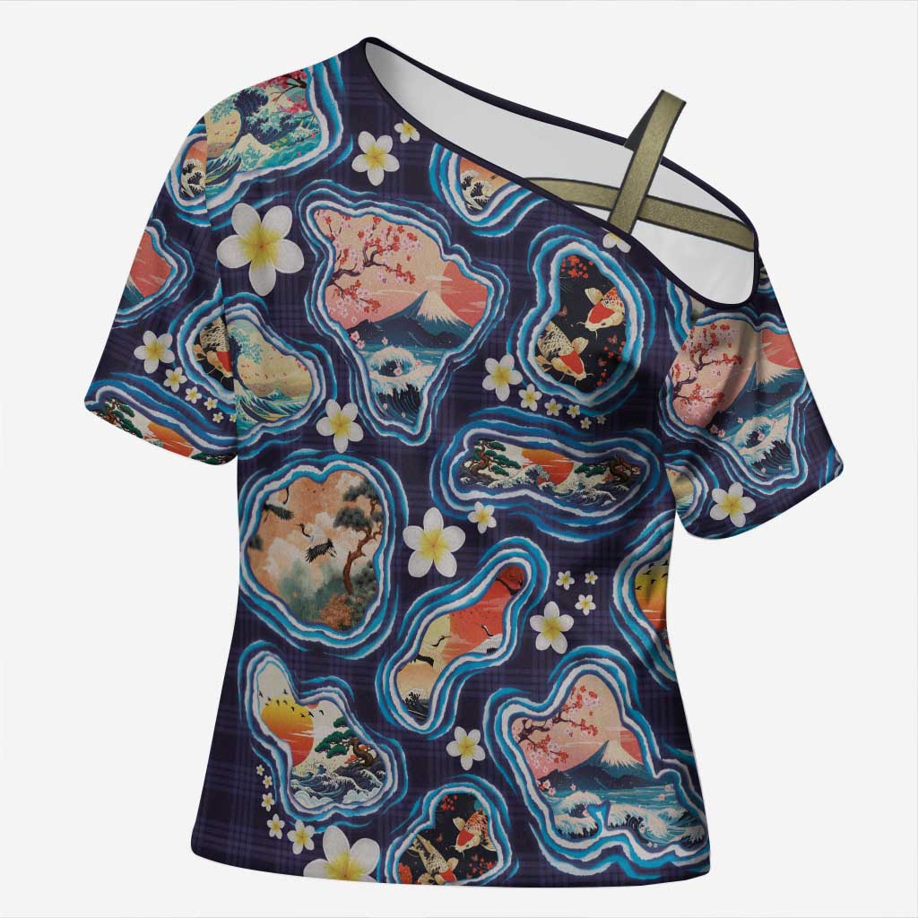 Hawaii Islands Map Design with Japanese Landscape Cross Shoulder Shirt Hawaiian Japan Fusion Art Navy Color LT03 Female Navy - Polynesian Pride