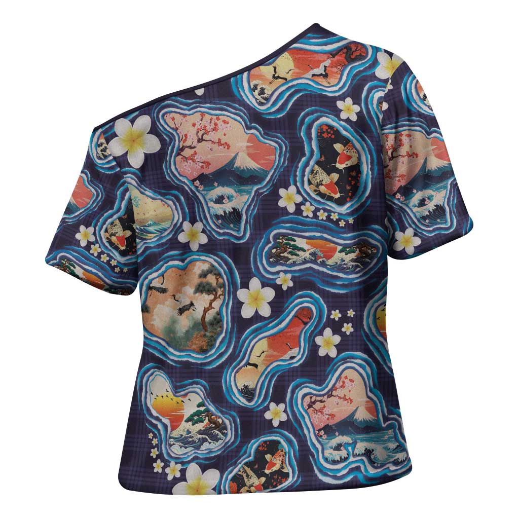 Hawaii Islands Map Design with Japanese Landscape Cross Shoulder Shirt Hawaiian Japan Fusion Art Navy Color LT03 - Polynesian Pride
