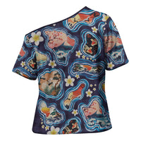 Hawaii Islands Map Design with Japanese Landscape Cross Shoulder Shirt Hawaiian Japan Fusion Art Navy Color LT03 - Polynesian Pride