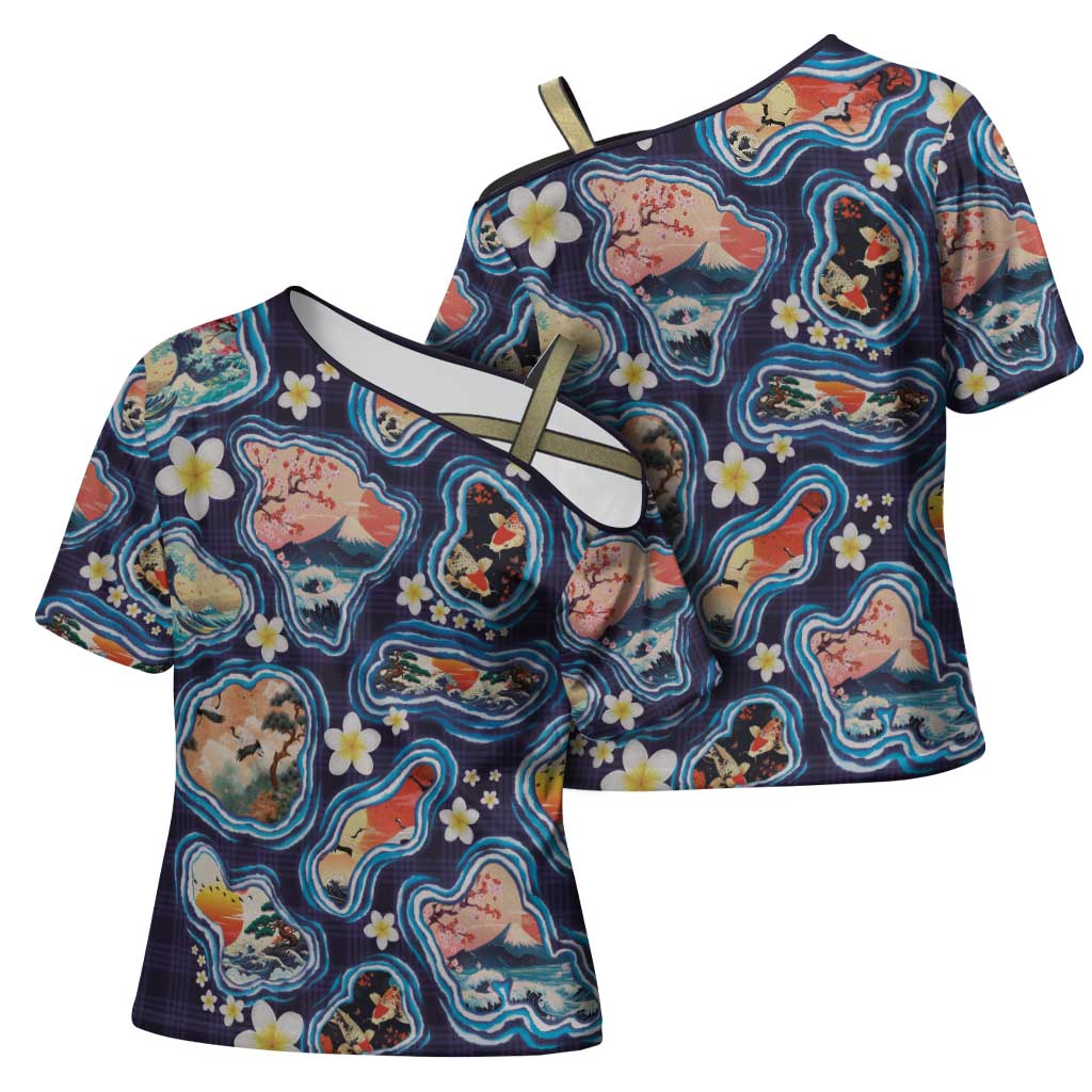 Hawaii Islands Map Design with Japanese Landscape Cross Shoulder Shirt Hawaiian Japan Fusion Art Navy Color LT03 - Polynesian Pride