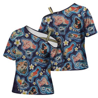 Hawaii Islands Map Design with Japanese Landscape Cross Shoulder Shirt Hawaiian Japan Fusion Art Navy Color LT03 - Polynesian Pride