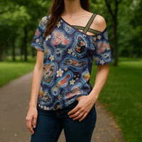 Hawaii Islands Map Design with Japanese Landscape Cross Shoulder Shirt Hawaiian Japan Fusion Art Navy Color LT03 - Polynesian Pride