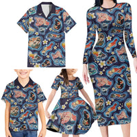 Hawaii Islands Map Design with Japanese Landscape Family Matching Long Sleeve Bodycon Dress and Hawaiian Shirt Hawaiian Japan Fusion Art Navy Color