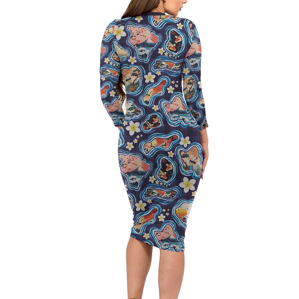 Hawaii Islands Map Design with Japanese Landscape Family Matching Long Sleeve Bodycon Dress and Hawaiian Shirt Hawaiian Japan Fusion Art Navy Color