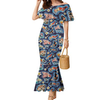 Hawaii Islands Map Design with Japanese Landscape Family Matching Mermaid Dress and Hawaiian Shirt Hawaiian Japan Fusion Art Navy Color
