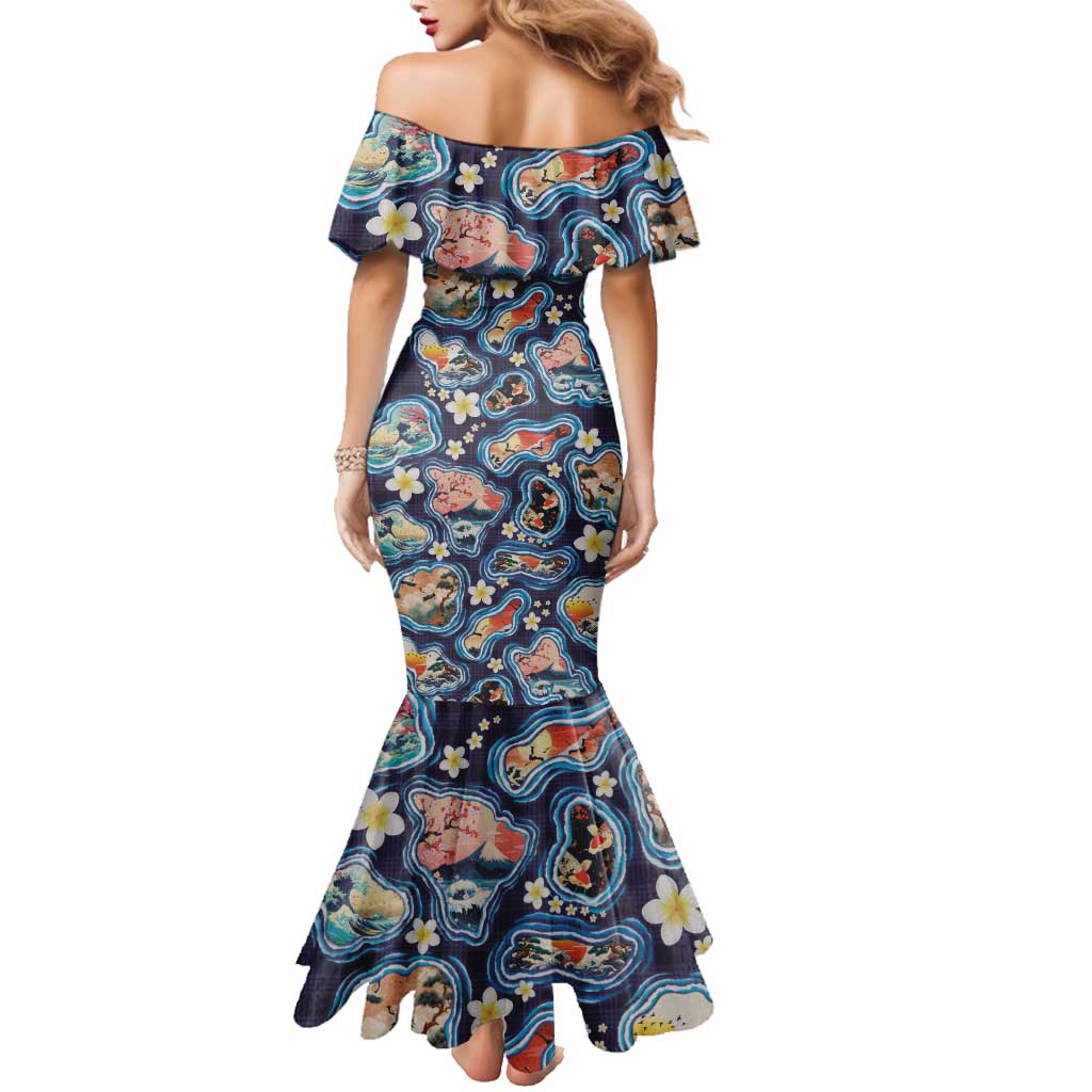 Hawaii Islands Map Design with Japanese Landscape Family Matching Mermaid Dress and Hawaiian Shirt Hawaiian Japan Fusion Art Navy Color