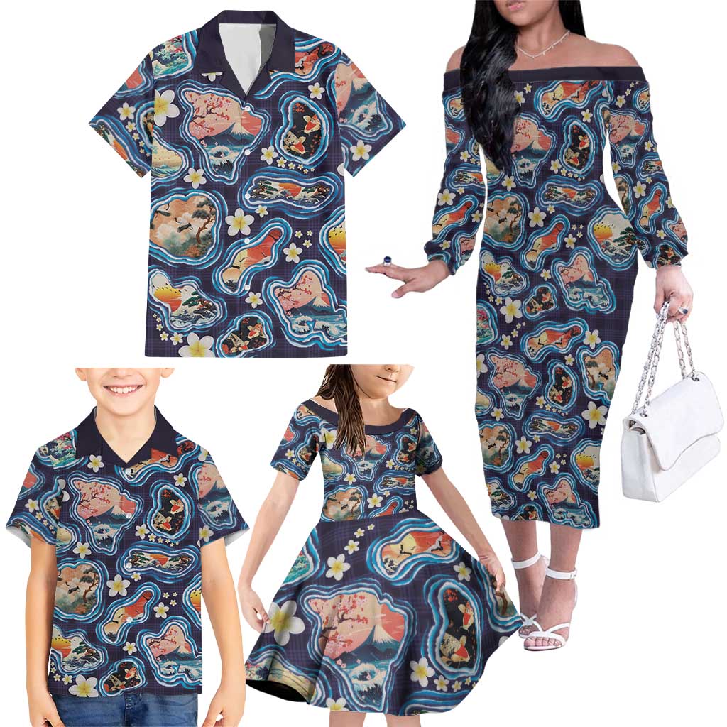 Hawaii Islands Map Design with Japanese Landscape Family Matching Off The Shoulder Long Sleeve Dress and Hawaiian Shirt Hawaiian Japan Fusion Art Navy Color