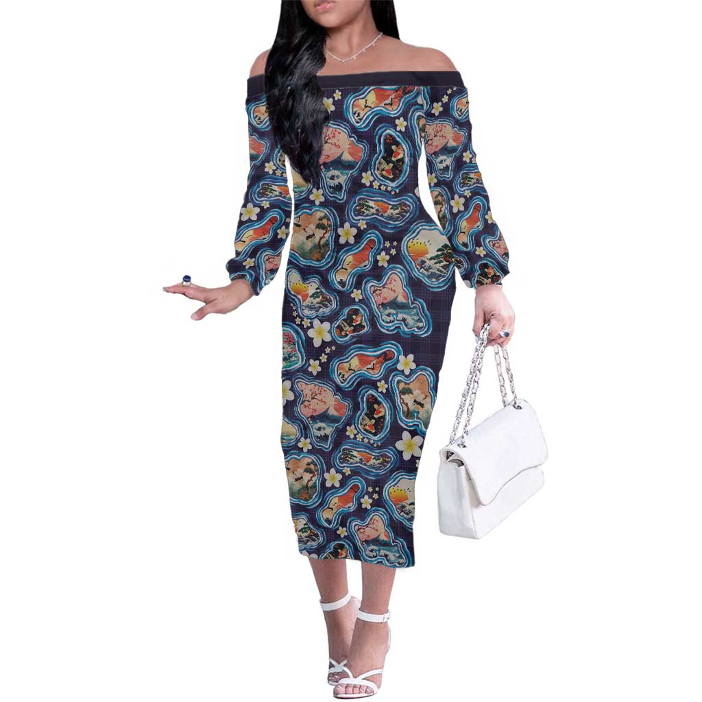 Hawaii Islands Map Design with Japanese Landscape Family Matching Off The Shoulder Long Sleeve Dress and Hawaiian Shirt Hawaiian Japan Fusion Art Navy Color