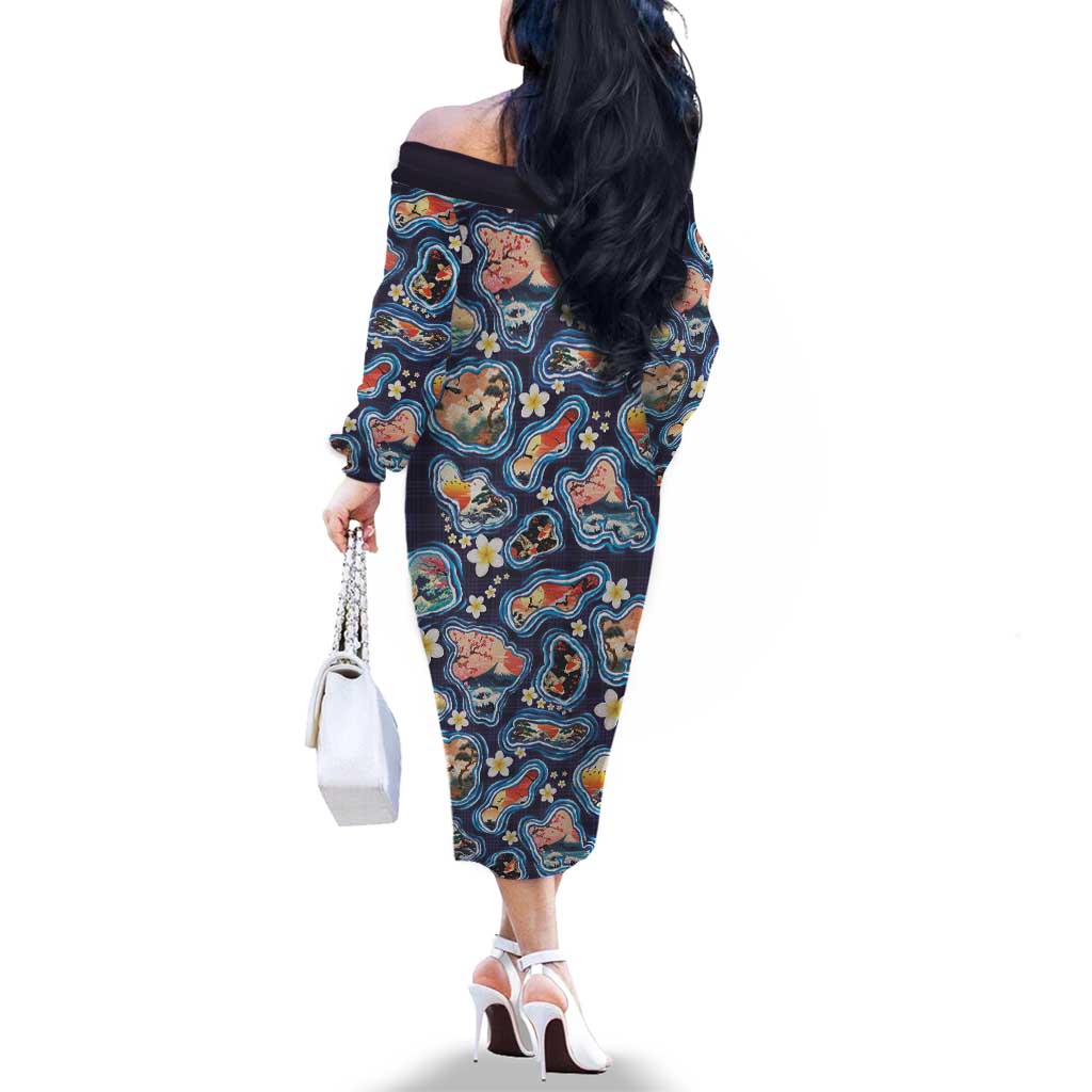 Hawaii Islands Map Design with Japanese Landscape Family Matching Off The Shoulder Long Sleeve Dress and Hawaiian Shirt Hawaiian Japan Fusion Art Navy Color