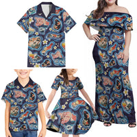 Hawaii Islands Map Design with Japanese Landscape Family Matching Off Shoulder Maxi Dress and Hawaiian Shirt Hawaiian Japan Fusion Art Navy Color