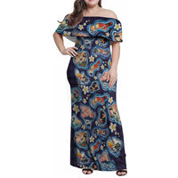 Hawaii Islands Map Design with Japanese Landscape Family Matching Off Shoulder Maxi Dress and Hawaiian Shirt Hawaiian Japan Fusion Art Navy Color