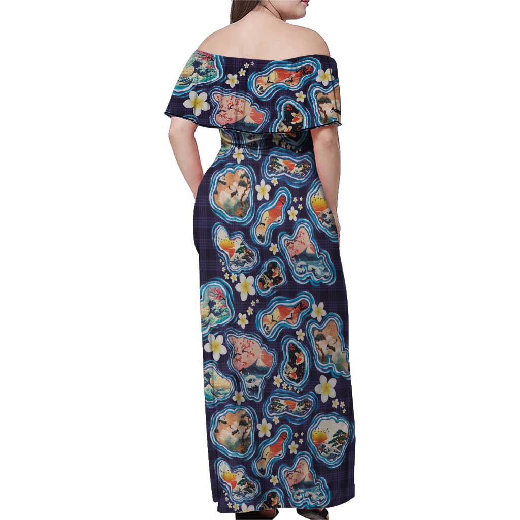 Hawaii Islands Map Design with Japanese Landscape Family Matching Off Shoulder Maxi Dress and Hawaiian Shirt Hawaiian Japan Fusion Art Navy Color
