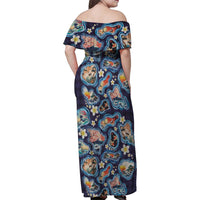 Hawaii Islands Map Design with Japanese Landscape Family Matching Off Shoulder Maxi Dress and Hawaiian Shirt Hawaiian Japan Fusion Art Navy Color