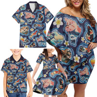 Hawaii Islands Map Design with Japanese Landscape Family Matching Off Shoulder Short Dress and Hawaiian Shirt Hawaiian Japan Fusion Art Navy Color LT03 - Polynesian Pride