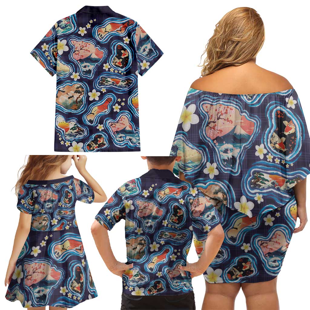 Hawaii Islands Map Design with Japanese Landscape Family Matching Off Shoulder Short Dress and Hawaiian Shirt Hawaiian Japan Fusion Art Navy Color LT03 - Polynesian Pride