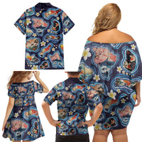 Hawaii Islands Map Design with Japanese Landscape Family Matching Off Shoulder Short Dress and Hawaiian Shirt Hawaiian Japan Fusion Art Navy Color LT03 - Polynesian Pride