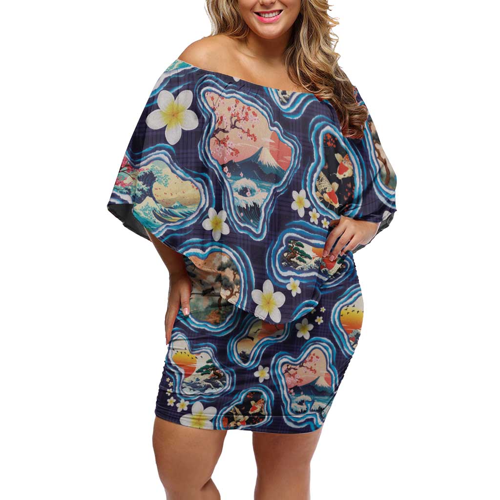 Hawaii Islands Map Design with Japanese Landscape Family Matching Off Shoulder Short Dress and Hawaiian Shirt Hawaiian Japan Fusion Art Navy Color LT03 Mom's Dress Navy - Polynesian Pride