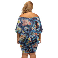 Hawaii Islands Map Design with Japanese Landscape Family Matching Off Shoulder Short Dress and Hawaiian Shirt Hawaiian Japan Fusion Art Navy Color LT03 - Polynesian Pride