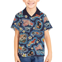 Hawaii Islands Map Design with Japanese Landscape Family Matching Off Shoulder Short Dress and Hawaiian Shirt Hawaiian Japan Fusion Art Navy Color LT03 Son's Shirt Navy - Polynesian Pride