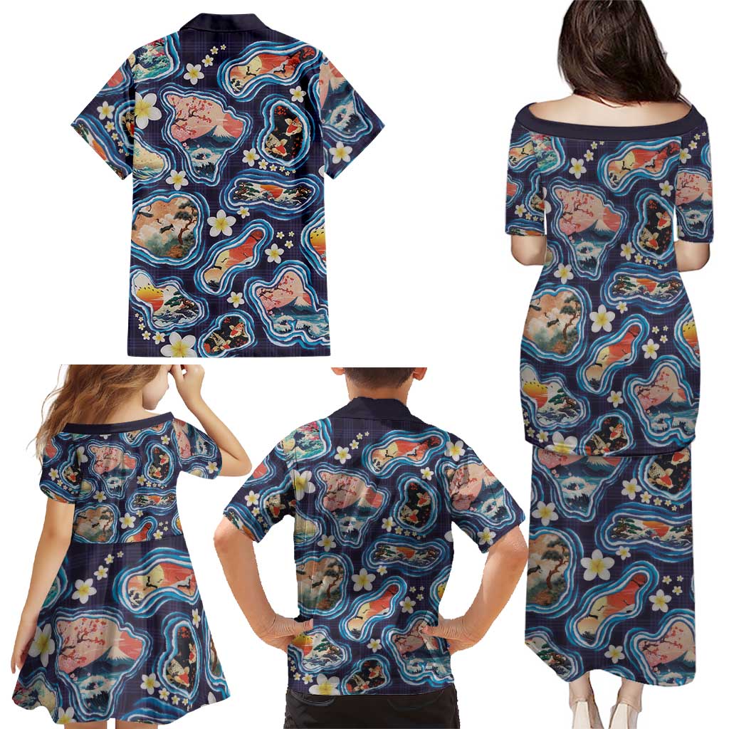 Hawaii Islands Map Design with Japanese Landscape Family Matching Puletasi and Hawaiian Shirt Hawaiian Japan Fusion Art Navy Color
