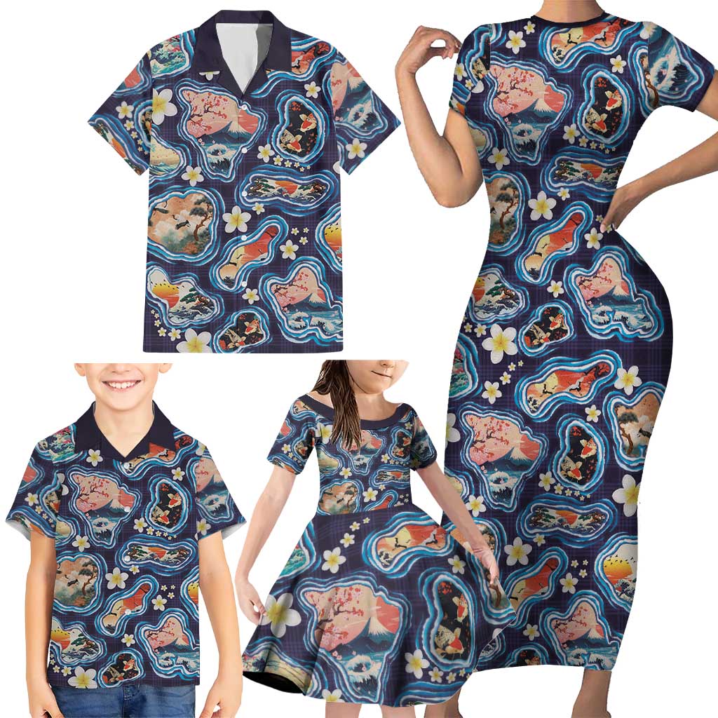 Hawaii Islands Map Design with Japanese Landscape Family Matching Short Sleeve Bodycon Dress and Hawaiian Shirt Hawaiian Japan Fusion Art Navy Color