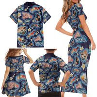 Hawaii Islands Map Design with Japanese Landscape Family Matching Short Sleeve Bodycon Dress and Hawaiian Shirt Hawaiian Japan Fusion Art Navy Color