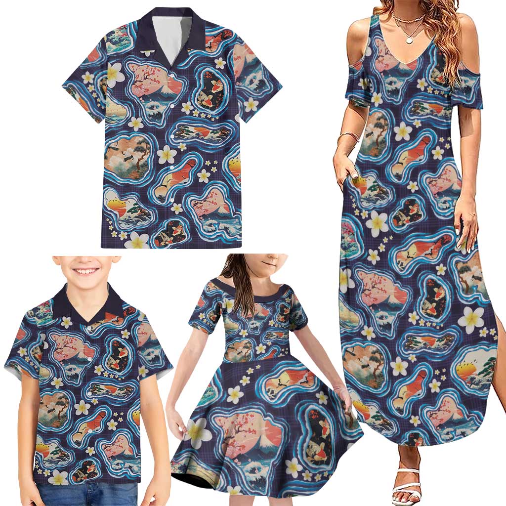 Hawaii Islands Map Design with Japanese Landscape Family Matching Summer Maxi Dress and Hawaiian Shirt Hawaiian Japan Fusion Art Navy Color LT03 - Polynesian Pride