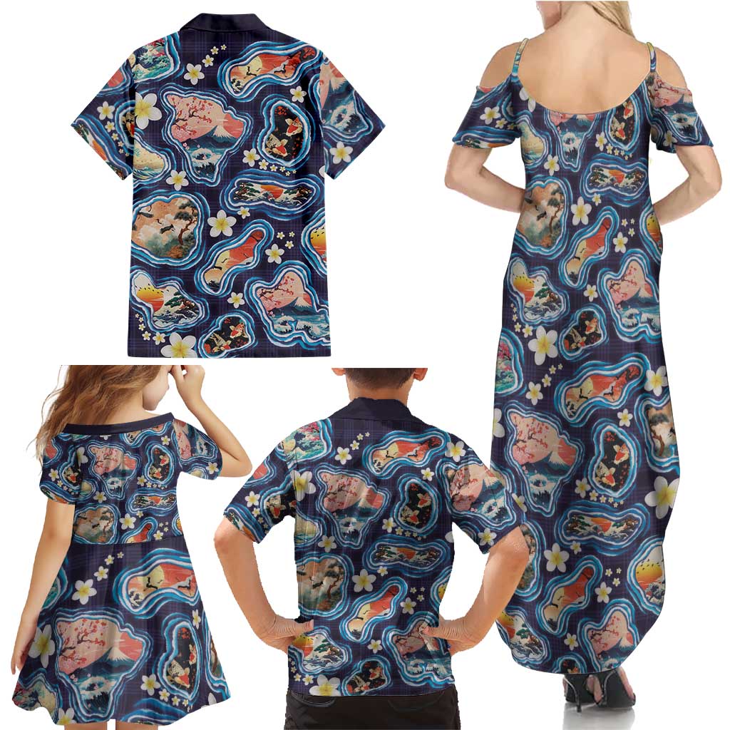 Hawaii Islands Map Design with Japanese Landscape Family Matching Summer Maxi Dress and Hawaiian Shirt Hawaiian Japan Fusion Art Navy Color LT03 - Polynesian Pride